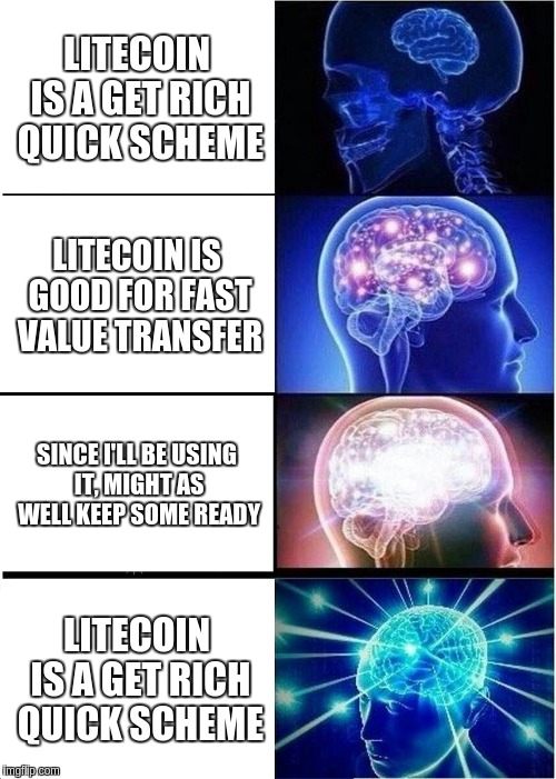 Expanding Brain Meme | LITECOIN IS A GET RICH QUICK SCHEME; LITECOIN IS GOOD FOR FAST VALUE TRANSFER; SINCE I'LL BE USING IT, MIGHT AS WELL KEEP SOME READY; LITECOIN IS A GET RICH QUICK SCHEME | image tagged in memes,expanding brain | made w/ Imgflip meme maker