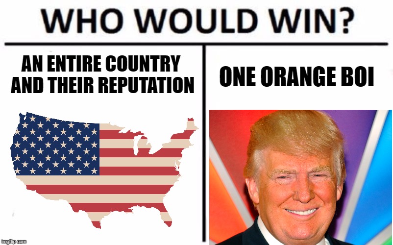 Who Would Win? Meme | AN ENTIRE COUNTRY AND THEIR REPUTATION; ONE ORANGE BOI | image tagged in memes,who would win | made w/ Imgflip meme maker