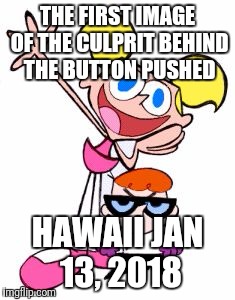 Dexter and dee  dee | THE FIRST IMAGE OF THE CULPRIT BEHIND THE BUTTON PUSHED; HAWAII JAN 13, 2018 | image tagged in dexter and dee  dee | made w/ Imgflip meme maker