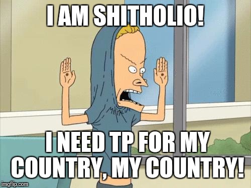 Well, since we're doing this... | I AM SHITHOLIO! I NEED TP FOR MY COUNTRY, MY COUNTRY! | image tagged in cornholio,memes,shithole | made w/ Imgflip meme maker