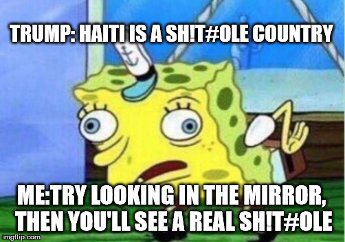 I know i'll get hate for this one but it had to be said... people need to wake up... | TRUMP: HAITI IS A SH!T#OLE COUNTRY; ME:TRY LOOKING IN THE MIRROR, THEN YOU'LL SEE A REAL SH!T#OLE | image tagged in memes,mocking spongebob,trump,haiti,stupid people | made w/ Imgflip meme maker