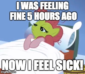 Right before work too! | I WAS FEELING FINE 5 HOURS AGO; NOW I FEEL SICK! | image tagged in memes,ponies,sick | made w/ Imgflip meme maker