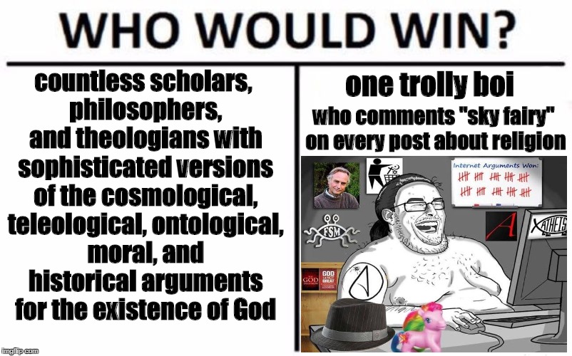 Who Would Win? | countless scholars, philosophers, and theologians with sophisticated versions of the cosmological, teleological, ontological, moral, and historical arguments for the existence of God; one trolly boi; who comments "sky fairy" on every post about religion | image tagged in memes,who would win,religion,atheism,atheist,troll | made w/ Imgflip meme maker