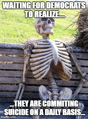 Democrat Liberals | WAITING FOR DEMOCRATS TO REALIZE.... ...THEY ARE COMMITING SUICIDE ON A DAILY BASIS... | image tagged in memes,waiting skeleton | made w/ Imgflip meme maker