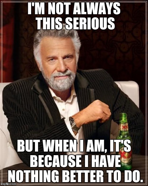 The Most Interesting Man In The World | I'M NOT ALWAYS THIS SERIOUS; BUT WHEN I AM, IT'S BECAUSE I HAVE NOTHING BETTER TO DO. | image tagged in memes,the most interesting man in the world | made w/ Imgflip meme maker
