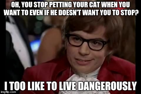 I Too Like To Live Dangerously | OH, YOU STOP PETTING YOUR CAT WHEN YOU WANT TO EVEN IF HE DOESN'T WANT YOU TO STOP? I TOO LIKE TO LIVE DANGEROUSLY | image tagged in memes,i too like to live dangerously | made w/ Imgflip meme maker