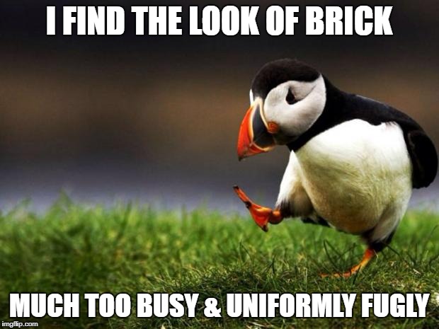 Unpopular Opinion Puffin Meme | I FIND THE LOOK OF BRICK; MUCH TOO BUSY & UNIFORMLY FUGLY | image tagged in memes,unpopular opinion puffin | made w/ Imgflip meme maker