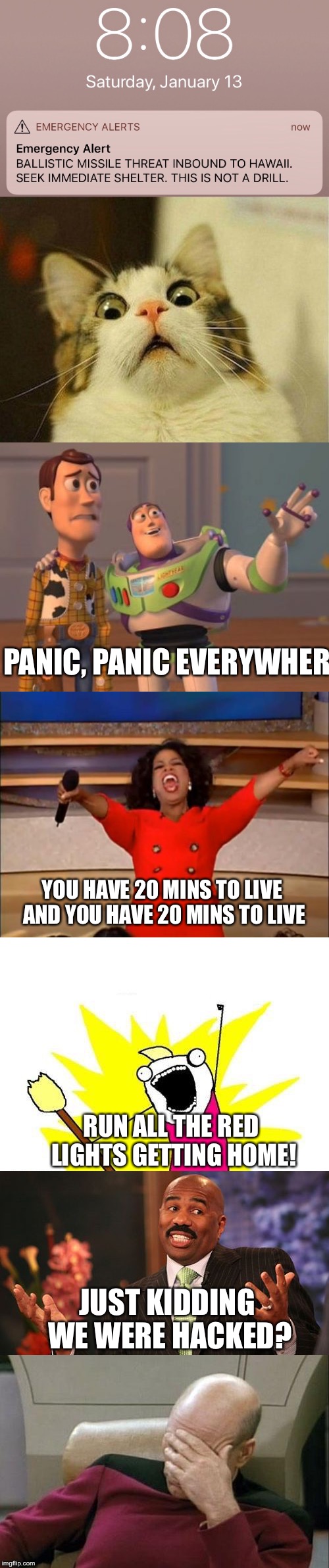 Anatomy of a ballistic missile alert | PANIC, PANIC EVERYWHERE; YOU HAVE 20 MINS TO LIVE AND YOU HAVE 20 MINS TO LIVE; RUN ALL THE RED LIGHTS GETTING HOME! JUST KIDDING WE WERE HACKED? | image tagged in emergency,trump,kim jong un,military | made w/ Imgflip meme maker