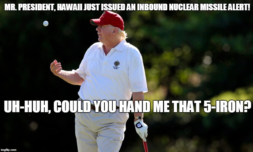 MR. PRESIDENT, HAWAII JUST ISSUED AN INBOUND NUCLEAR MISSILE ALERT! UH-HUH, COULD YOU HAND ME THAT 5-IRON? | image tagged in trump | made w/ Imgflip meme maker