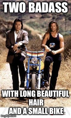 Badass | TWO BADASS; WITH LONG BEAUTIFUL HAIR AND A SMALL BIKE | image tagged in indians,badass,motorcycle | made w/ Imgflip meme maker