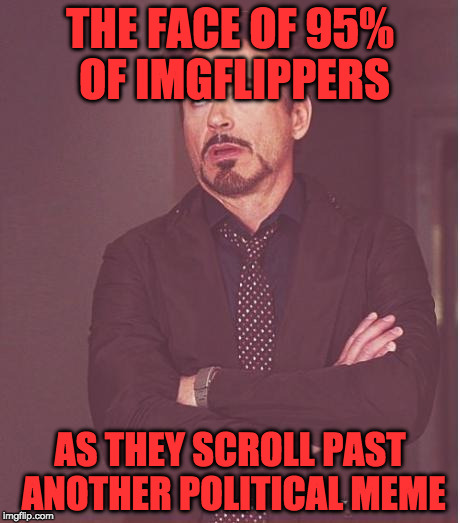 Face You Make Robert Downey Jr | THE FACE OF 95% OF IMGFLIPPERS; AS THEY SCROLL PAST ANOTHER POLITICAL MEME | image tagged in memes,face you make robert downey jr | made w/ Imgflip meme maker