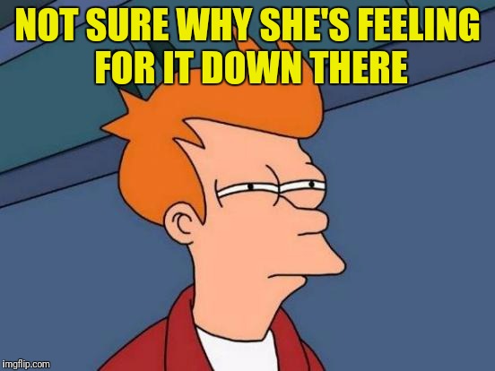 Futurama Fry Meme | NOT SURE WHY SHE'S FEELING FOR IT DOWN THERE | image tagged in memes,futurama fry | made w/ Imgflip meme maker