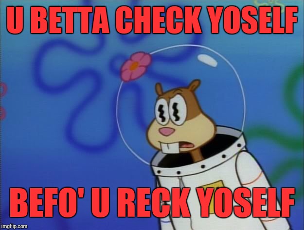 Sandy Cheeks Peeved | U BETTA CHECK YOSELF; BEFO' U RECK YOSELF | image tagged in sandy cheeks peeved | made w/ Imgflip meme maker