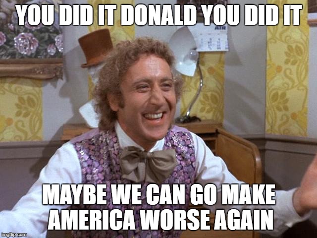 Willy Wonka | YOU DID IT DONALD YOU DID IT; MAYBE WE CAN GO MAKE AMERICA WORSE AGAIN | image tagged in willy wonka | made w/ Imgflip meme maker