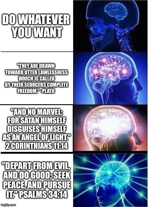 Expanding Brain Meme | DO WHATEVER YOU WANT; "THEY ARE DRAWN TOWARD UTTER LAWLESSNESS WHICH IS CALLED BY THEIR SEDUCERS COMPLETE FREEDOM." -PLATO; "AND NO MARVEL; FOR SATAN HIMSELF DISGUISES HIMSELF AS AN ANGEL OF LIGHT." 2 CORINTHIANS 11:14; "DEPART FROM EVIL, AND DO GOOD; SEEK PEACE, AND PURSUE IT." PSALMS 34:14 | image tagged in memes,expanding brain | made w/ Imgflip meme maker