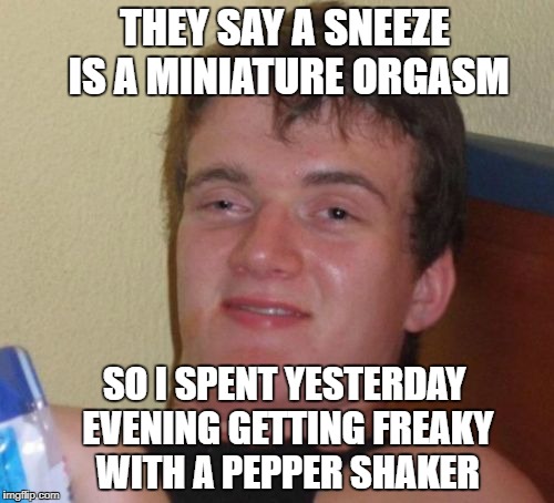 10 Guy Meme | THEY SAY A SNEEZE IS A MINIATURE ORGASM; SO I SPENT YESTERDAY EVENING GETTING FREAKY WITH A PEPPER SHAKER | image tagged in memes,10 guy | made w/ Imgflip meme maker