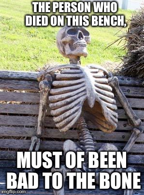Waiting Skeleton | THE PERSON WHO DIED ON THIS BENCH, MUST OF BEEN BAD TO THE BONE | image tagged in memes,waiting skeleton | made w/ Imgflip meme maker
