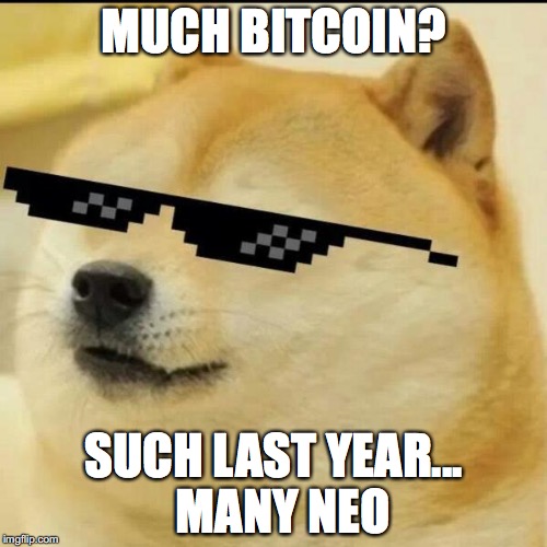 Sunglass Doge | MUCH BITCOIN? SUCH LAST YEAR... 
MANY NEO | image tagged in sunglass doge | made w/ Imgflip meme maker