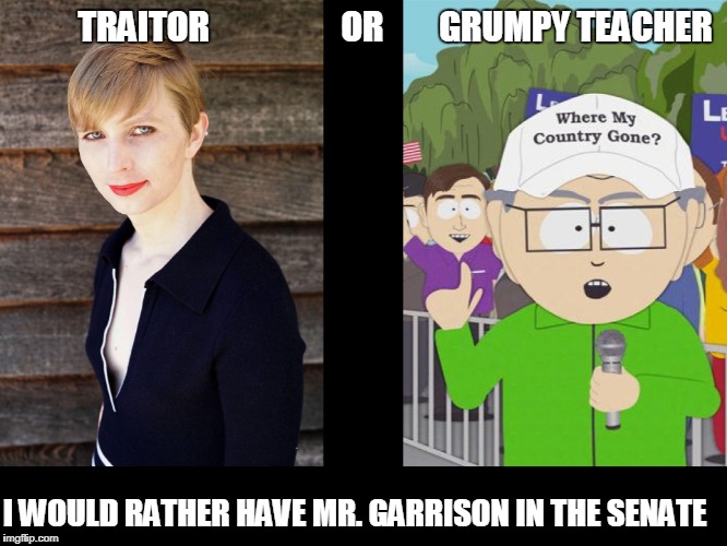 Running for the Senate | TRAITOR                   OR        GRUMPY TEACHER; I WOULD RATHER HAVE MR. GARRISON IN THE SENATE | image tagged in politics | made w/ Imgflip meme maker