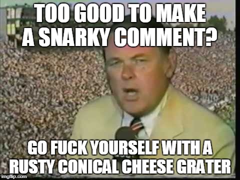 TOO GOOD TO MAKE A SNARKY COMMENT? GO FUCK YOURSELF WITH A RUSTY CONICAL CHEESE GRATER | made w/ Imgflip meme maker