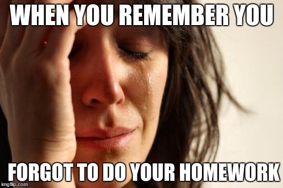 First World Problems | WHEN YOU REMEMBER YOU; FORGOT TO DO YOUR HOMEWORK | image tagged in memes,first world problems | made w/ Imgflip meme maker
