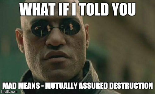Matrix Morpheus Meme | WHAT IF I TOLD YOU MAD MEANS - MUTUALLY ASSURED DESTRUCTION | image tagged in memes,matrix morpheus | made w/ Imgflip meme maker