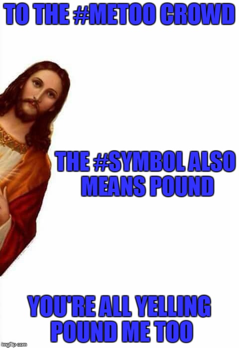 jesus watcha doin | TO THE #METOO CROWD; THE #SYMBOL ALSO MEANS POUND; YOU'RE ALL YELLING POUND ME TOO | image tagged in jesus watcha doin | made w/ Imgflip meme maker