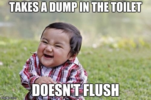 Evil Toddler Meme | TAKES A DUMP IN THE TOILET; DOESN'T FLUSH | image tagged in memes,evil toddler | made w/ Imgflip meme maker
