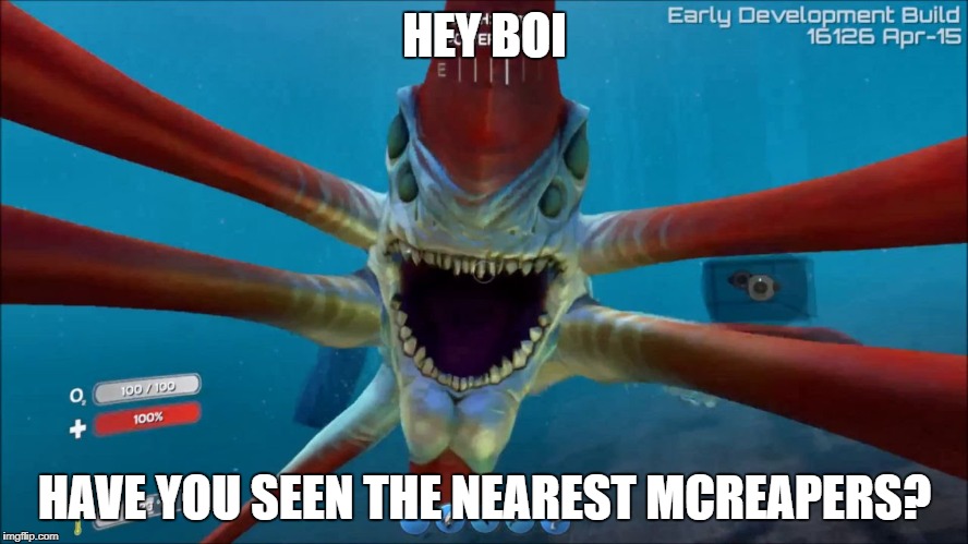 Reaper Leviathan asking for directions | HEY BOI; HAVE YOU SEEN THE NEAREST MCREAPERS? | image tagged in subnautica,asking directions | made w/ Imgflip meme maker