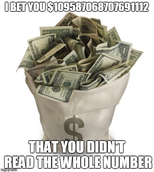 Bag of money | I BET YOU $109587068707691112; THAT YOU DIDN'T READ THE WHOLE NUMBER | image tagged in bag of money | made w/ Imgflip meme maker