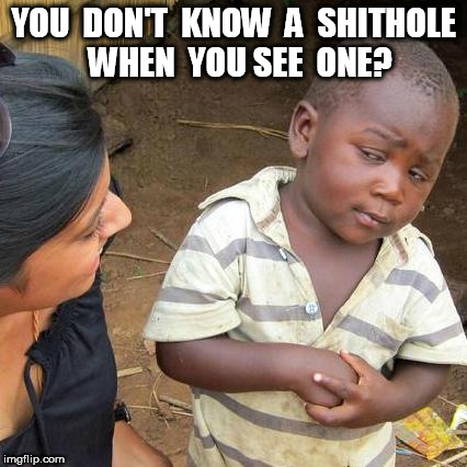 Third World Kid "You don't know a shithole when you see one?" | YOU  DON'T  KNOW  A  SHITHOLE  WHEN  YOU SEE  ONE? | image tagged in memes,third world skeptical kid,shithole | made w/ Imgflip meme maker