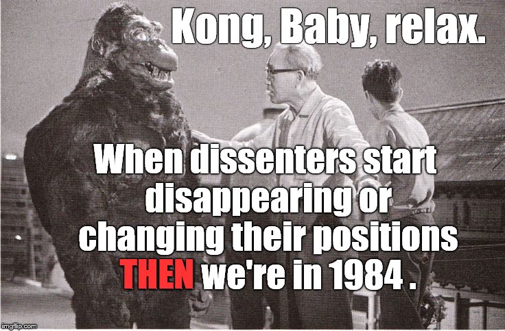 Kong with Director | Kong, Baby, relax. When dissenters start disappearing or changing their positions THEN we're in 1984 . THEN | image tagged in kong with director | made w/ Imgflip meme maker