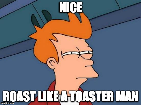 Futurama Fry Meme | NICE; ROAST LIKE A TOASTER MAN | image tagged in memes,futurama fry | made w/ Imgflip meme maker