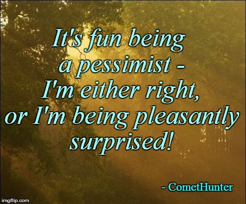 Philosophy 101 | It's fun being a pessimist - I'm either right, or I'm being pleasantly surprised! - CometHunter | image tagged in funny | made w/ Imgflip meme maker