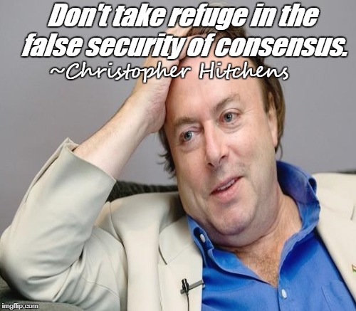This is good advice for atheists as well as the religious.  | Don't take refuge in the false security of consensus. ~Christopher Hitchens | image tagged in condescending hitchens,christopher hitchens,atheist,religious,memes | made w/ Imgflip meme maker