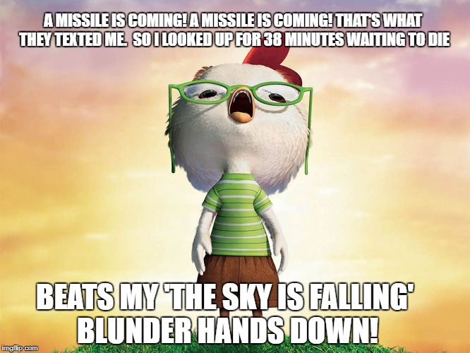 Chicken Little comments on the Hawaii missile scare | A MISSILE IS COMING! A MISSILE IS COMING! THAT'S WHAT THEY TEXTED ME.  SO I LOOKED UP FOR 38 MINUTES WAITING TO DIE; BEATS MY 'THE SKY IS FALLING' BLUNDER HANDS DOWN! | image tagged in chicken little,memes,nuclear war,north korea,hawaii,donald trump approves | made w/ Imgflip meme maker