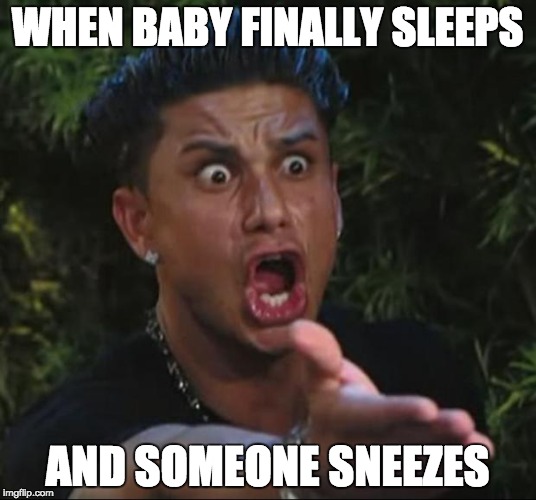 DJ Pauly D Meme | WHEN BABY FINALLY SLEEPS; AND SOMEONE SNEEZES | image tagged in memes,dj pauly d | made w/ Imgflip meme maker