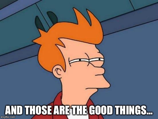 Futurama Fry Meme | AND THOSE ARE THE GOOD THINGS... | image tagged in memes,futurama fry | made w/ Imgflip meme maker