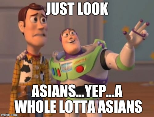 X, X Everywhere | JUST LOOK; ASIANS...YEP...A WHOLE LOTTA ASIANS | image tagged in memes,x x everywhere | made w/ Imgflip meme maker