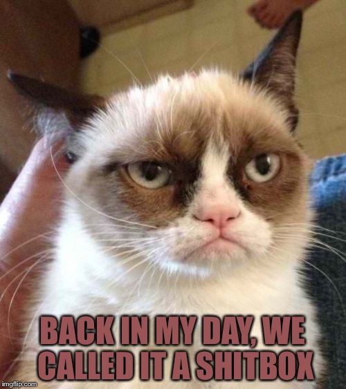 Grumpy Cat Reverse | BACK IN MY DAY, WE CALLED IT A SHITBOX | image tagged in memes,grumpy cat reverse,grumpy cat | made w/ Imgflip meme maker