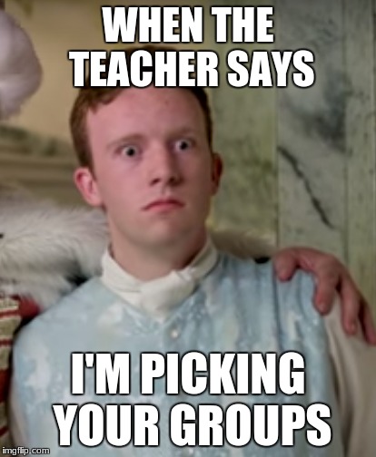 When the teacher picks groups | WHEN THE TEACHER SAYS; I'M PICKING YOUR GROUPS | image tagged in funny,hamilton | made w/ Imgflip meme maker