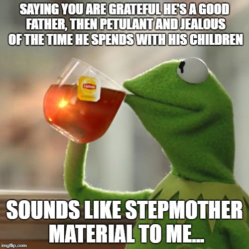 But That's None Of My Business Meme | SAYING YOU ARE GRATEFUL HE'S A GOOD FATHER, THEN PETULANT AND JEALOUS OF THE TIME HE SPENDS WITH HIS CHILDREN; SOUNDS LIKE STEPMOTHER MATERIAL TO ME... | image tagged in memes,but thats none of my business,kermit the frog | made w/ Imgflip meme maker