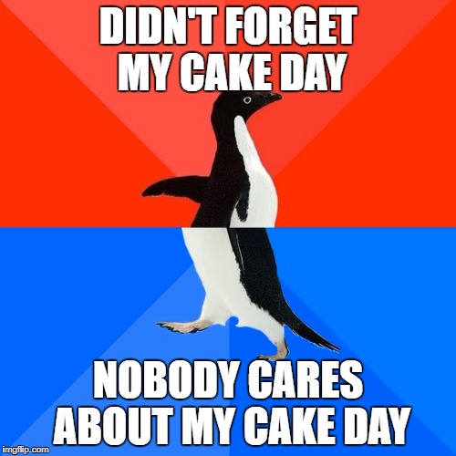 Socially Awesome Awkward Penguin Meme | DIDN'T FORGET MY CAKE DAY; NOBODY CARES ABOUT MY CAKE DAY | image tagged in memes,socially awesome awkward penguin | made w/ Imgflip meme maker