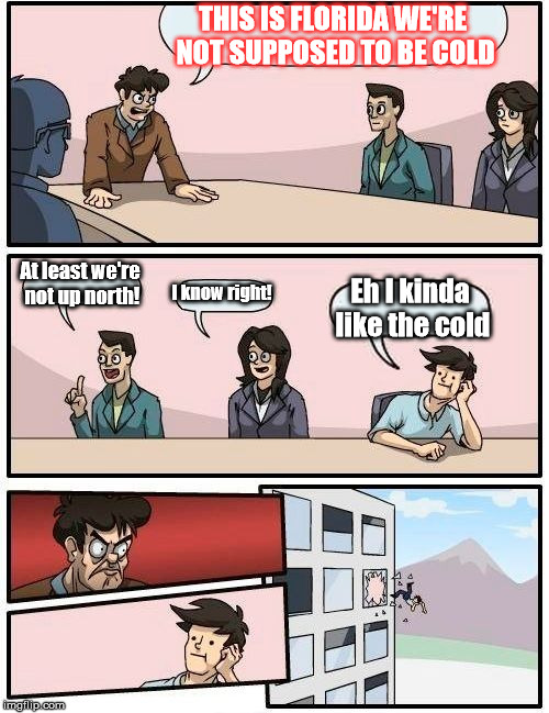 Florida really hates the cold. | THIS IS FLORIDA WE'RE NOT SUPPOSED TO BE COLD; At least we're not up north! I know right! Eh I kinda like the cold | image tagged in memes,boardroom meeting suggestion | made w/ Imgflip meme maker