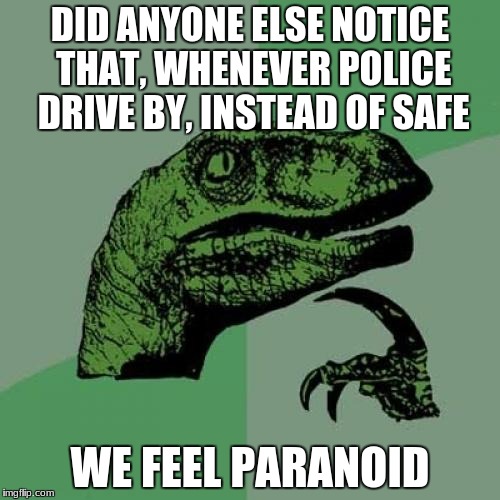 Philosoraptor |  DID ANYONE ELSE NOTICE THAT, WHENEVER POLICE DRIVE BY, INSTEAD OF SAFE; WE FEEL PARANOID | image tagged in memes,philosoraptor | made w/ Imgflip meme maker