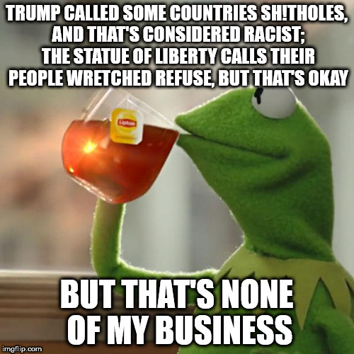But That's None Of My Business Meme | TRUMP CALLED SOME COUNTRIES SH!THOLES, AND THAT'S CONSIDERED RACIST; THE STATUE OF LIBERTY CALLS THEIR PEOPLE WRETCHED REFUSE, BUT THAT'S OKAY; BUT THAT'S NONE OF MY BUSINESS | image tagged in memes,but thats none of my business,kermit the frog | made w/ Imgflip meme maker