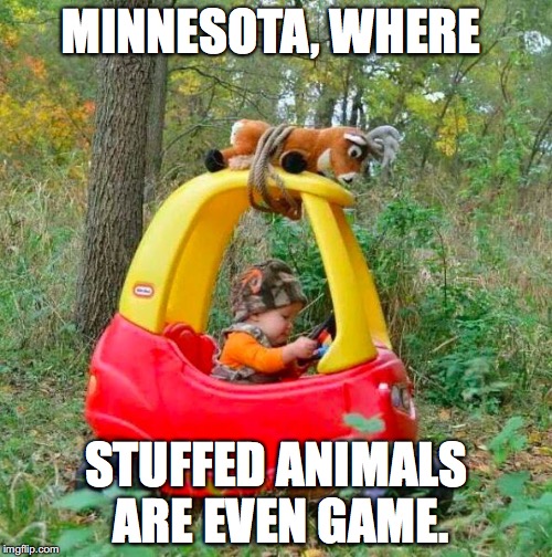 Minnesota no stuffed animal is safe
 | MINNESOTA, WHERE; STUFFED ANIMALS ARE EVEN GAME. | image tagged in minnesota,hunting,stuffed animals,redneck | made w/ Imgflip meme maker