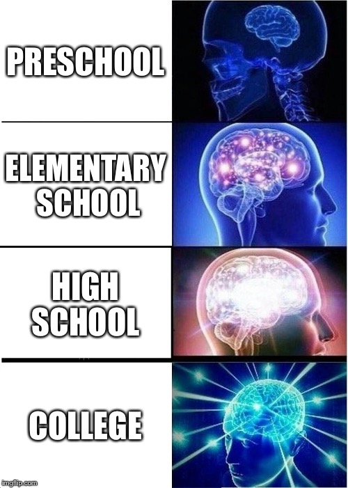 Expanding Brain | PRESCHOOL; ELEMENTARY SCHOOL; HIGH SCHOOL; COLLEGE | image tagged in memes,expanding brain | made w/ Imgflip meme maker