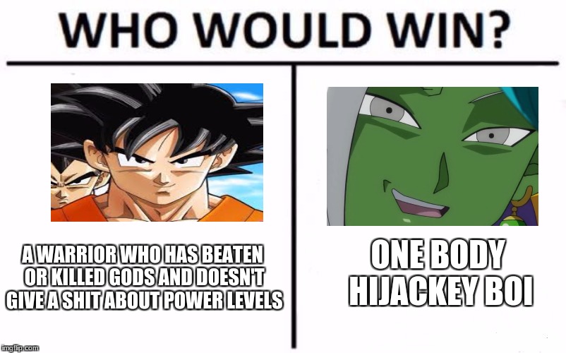 Who Would Win? | ONE BODY HIJACKEY BOI; A WARRIOR WHO HAS BEATEN OR KILLED GODS AND DOESN'T GIVE A SHIT ABOUT POWER LEVELS | image tagged in memes,who would win,dragon ball super,goku,zamasu,goku black | made w/ Imgflip meme maker
