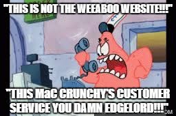 Mac Crunchy's customer service | "THIS IS NOT THE WEEABOO WEBSITE!!!"; "THIS MaC CRUNCHY'S CUSTOMER SERVICE YOU DAMN EDGELORD!!!" | image tagged in no this is patrick,weeaboo | made w/ Imgflip meme maker